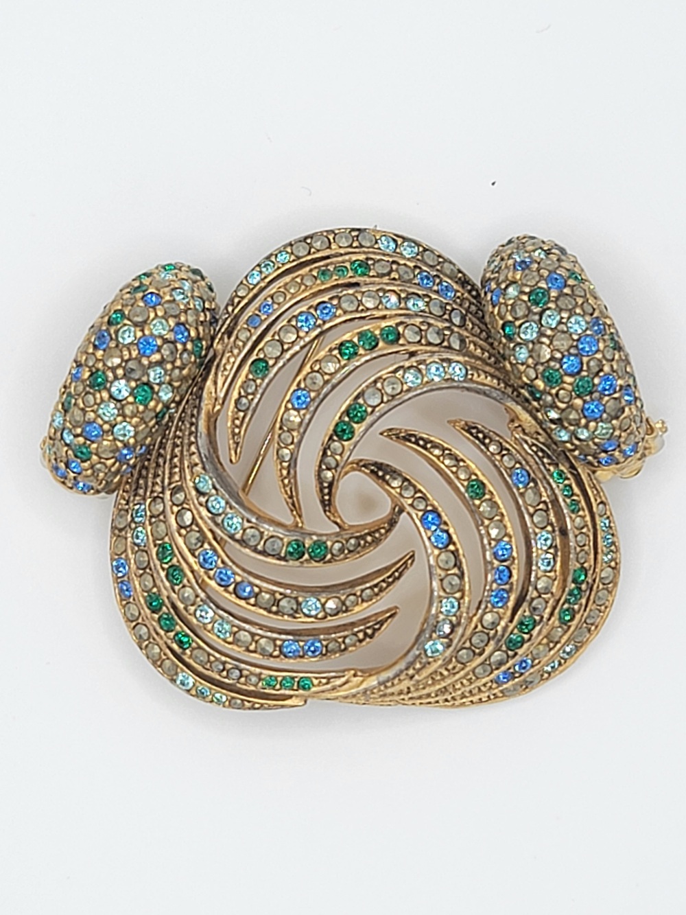 Vintage Les Bernard Blue Green Rhinestone Brooch Clip Earrings Set